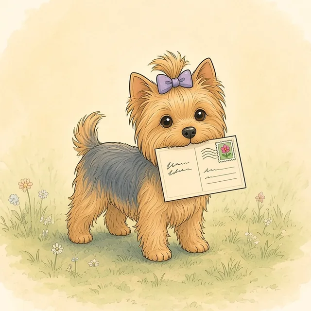 Watercolor of Gidget the Yorkie with a lilac bow, standing in the grass among little wildflowers with a little postcard in her mouth, a flower stamp and wavy postmark in its corner